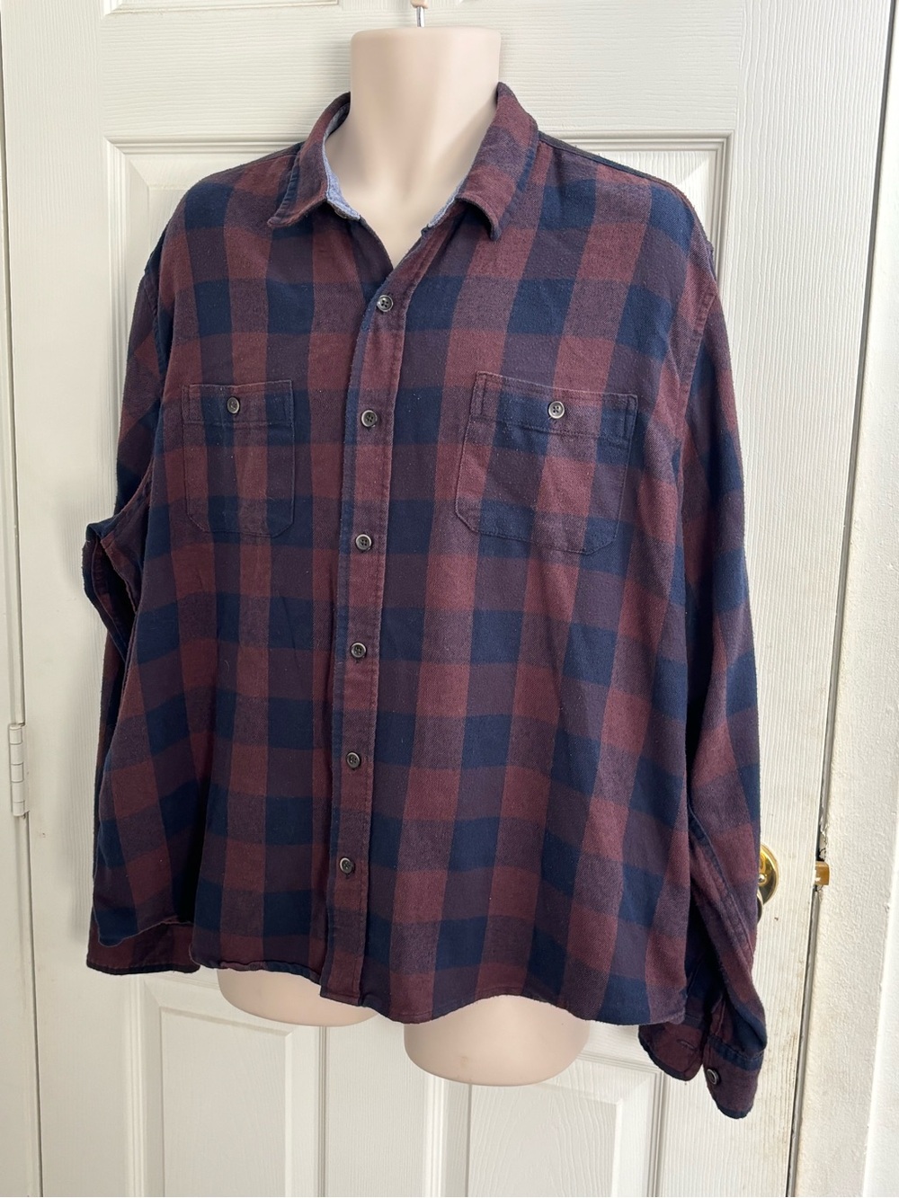 Tailor Vintage Men's XXL Plaid Flannel Button-Up Shirt Pockets Brown Blue